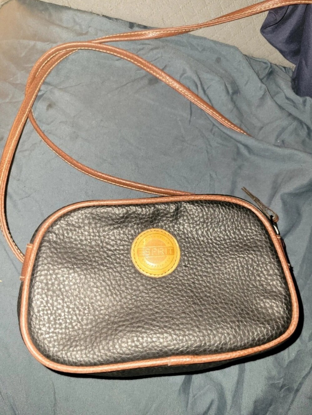 Vintage Esprit Black Pebbled Crossbody with Brown Trim and Tan Logo
